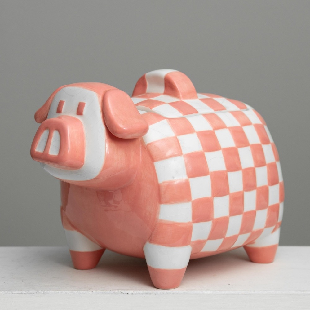 VTG Pink Pig Checkered Cookie Jar Whimsical CottageCore Retro Country Farmhouse